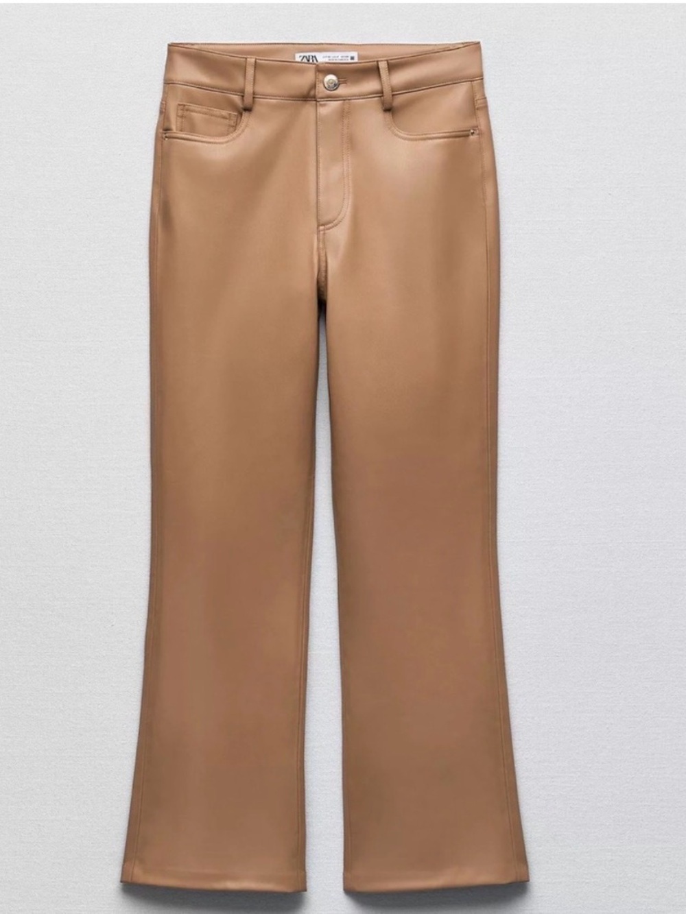 Zara Tan Faux Leather Mini Flare High-Waisted Pants Trousers - Size 4